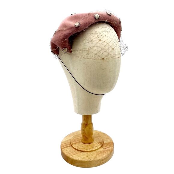 Vintage 1950s Sequin Bead Studded Pink Velour Mesh Veiled Juliet Cap Hat Beret - Picture 12 of 15